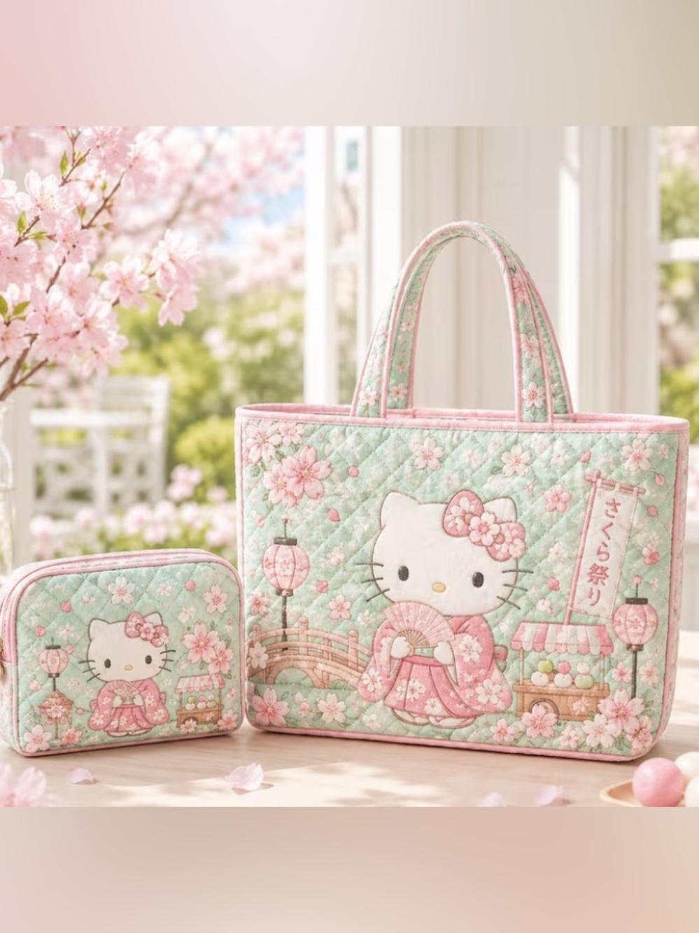 Hello Kitty Quilted Tote Bag in Mint Green and Pink